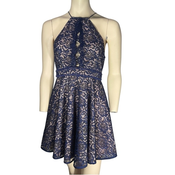 Stylestalker Blue Lace halter black tie party cocktail mini Dress Size Medium - Picture 1 of 7